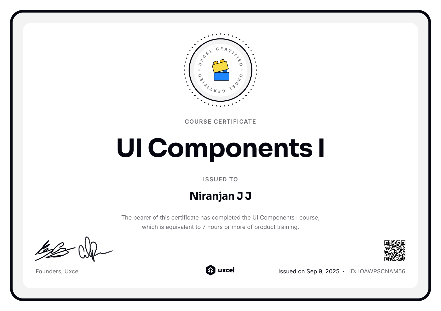Niranjan J J's certificate